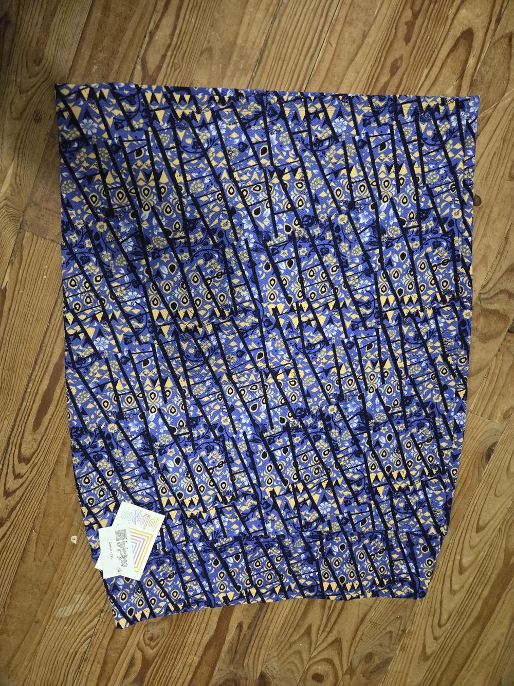 LuLaRoe Cassie Skirt in Royal Blue, Yellow & Black Geometric Print 2X
